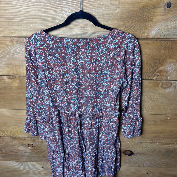 SHEIN Womens Over Floral Print Flounce Long Sleeve Bardot Dress M rust blue Mini - Picture 5 of 8